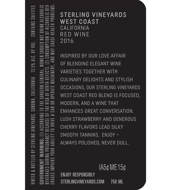 2016 Sterling Vineyards Vintner's Collection California West Coast Red Blend Back Label
