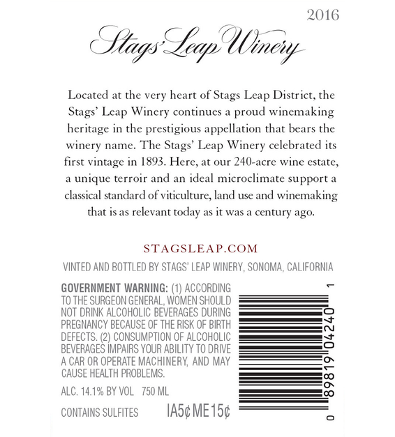 2016 Stags' Leap Napa Valley Cabernet Sauvignon Back Label