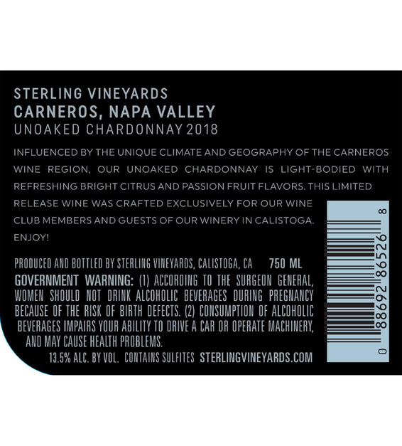 2018 Sterling Vineyards Unoaked Carneros Chardonnay Back Label