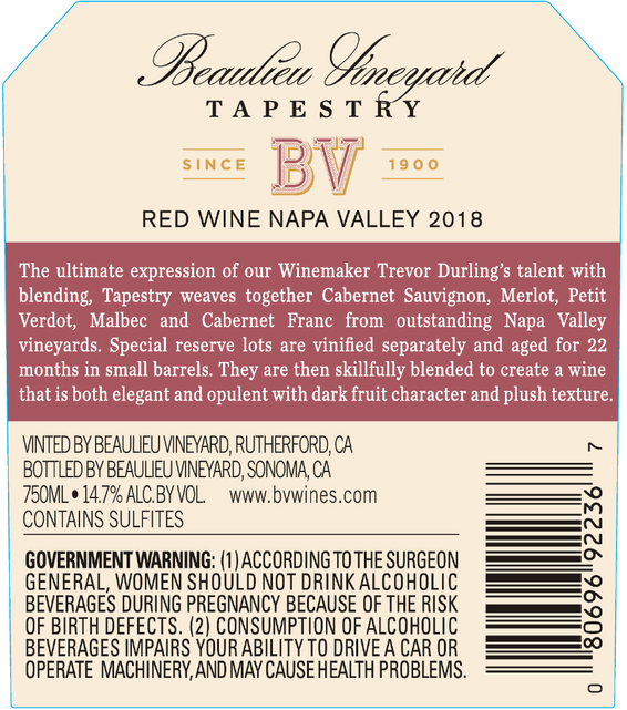2018 Beaulieu Vineyard Tapestry Reserve Red Wine Napa Valley Back Label
