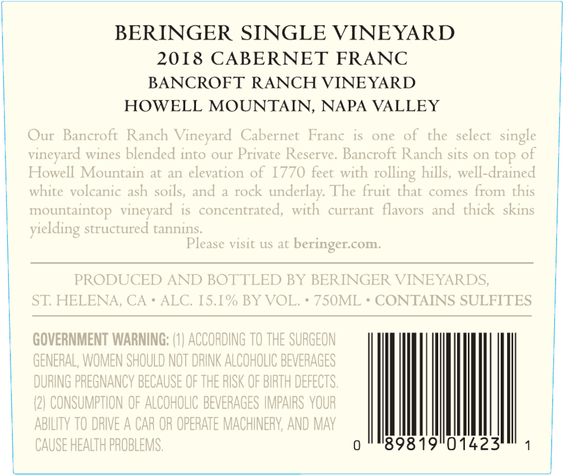 2018 Bancroft Ranch Howell Mountain Cabernet Franc Back Label