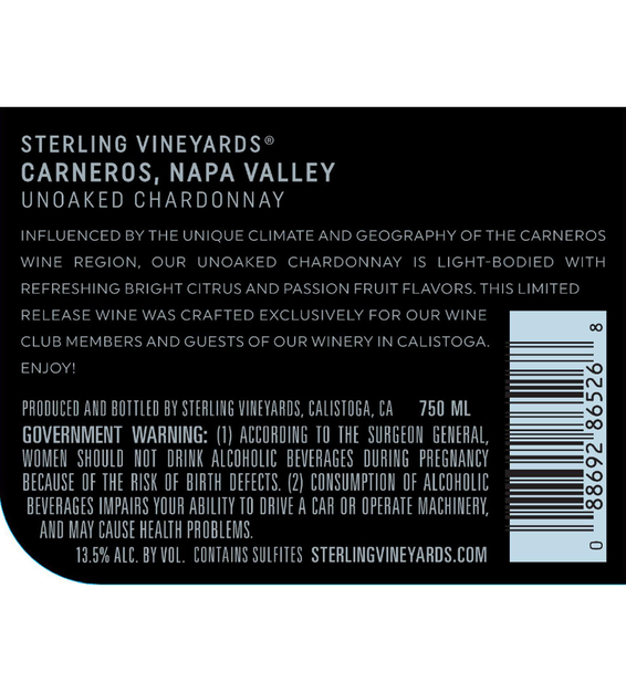 2017 Sterling Vineyards Unoaked Carneros Chardonnay Back Label