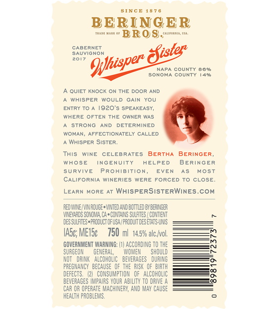 2017 Beringer Whisper Sisters Cabernet Sauvignon Back Label