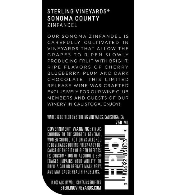 2014 Sterling Vineyards Sonoma County Zinfandel Back Label