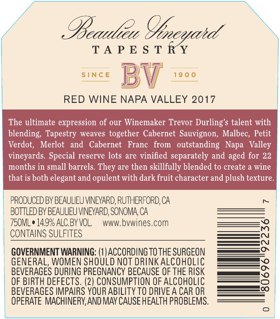 2017 Beaulieu Vineyard Tapestry Reserve Napa Valley Red Wine Back Label