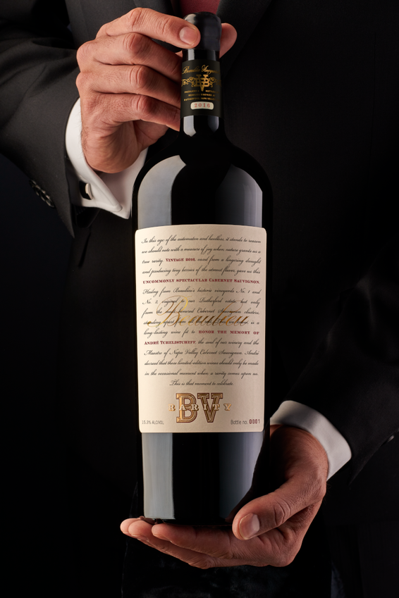 Sommelier Holding Bottle of 2016 Beaulieu Vineyard Rarity Cabernet Sauvignon 