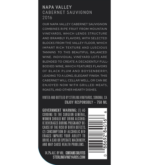 2016 Sterling Vineyards Napa Valley Cabernet Sauvignon Back Label