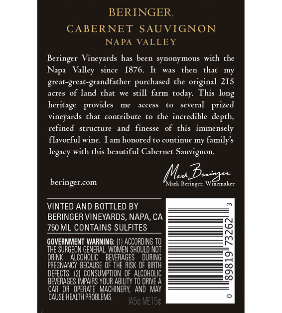 2014 Beringer Distinction Series Napa Valley Cabernet Sauvignon Back Label