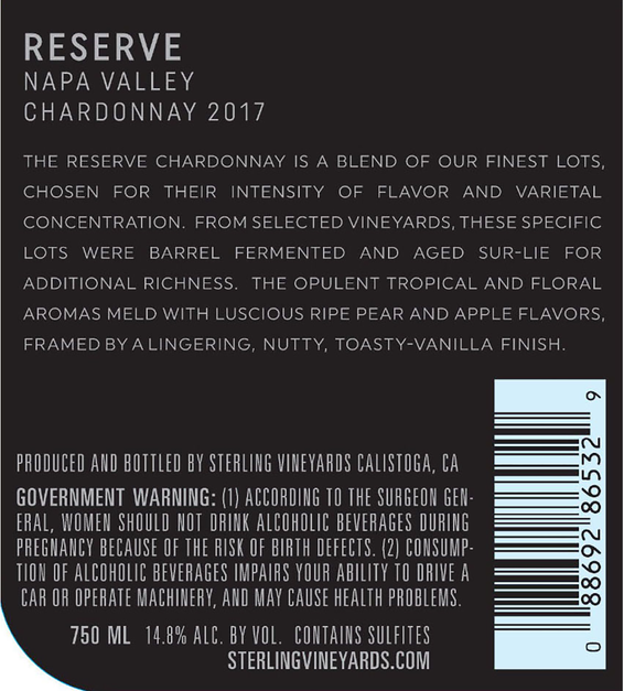 2017 Sterling Vineyards Reserve Napa Valley Chardonnay Back Label