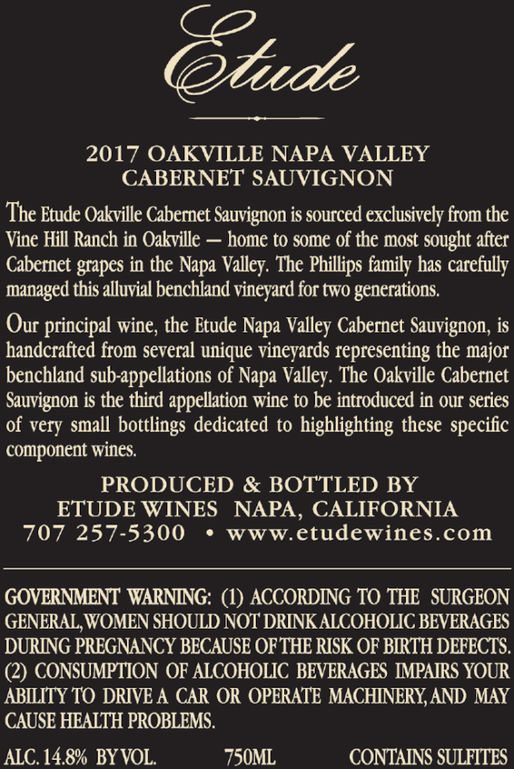 2017 Etude Oakville Napa Valley Cabernet Sauvignon Back Label