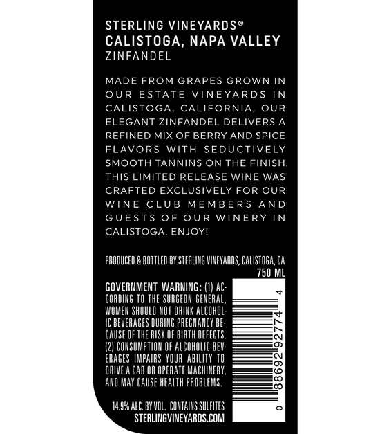 2016 Sterling Vineyards Calistoga Zinfandel Back Label