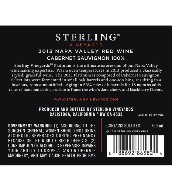 2013 Sterling Vineyards Platinum Napa Valley Cabernet Sauvignon Back Label