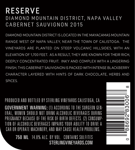 2015 Sterling Vineyards Diamond Mountain District Napa Valley Cabernet Sauvignon Back Label