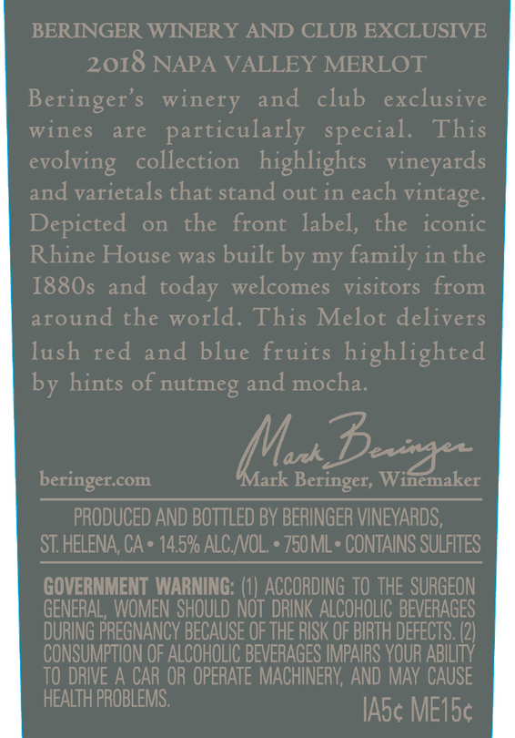 2018 Beringer Winery Exclusive Napa Valley Merlot Back Label