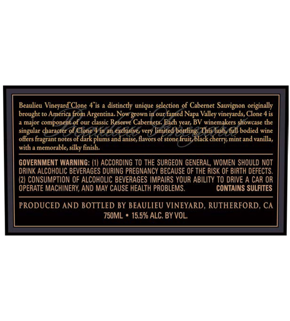 2015 Beaulieu Vineyard Reserve Clone 4 Rutherford Cabernet Sauvignon Back Label